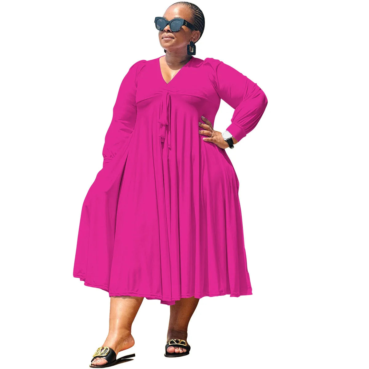 Popular Products Autumn 2024 Women's New Solid Color Long Sleeve Slim V-neck A- Line Skirt