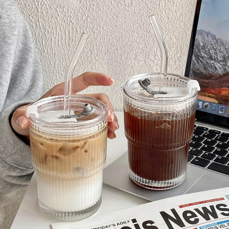 Simple Coffee Cup Portable Women's Office Ice Latte Glass Cup With Lid Straw Water Cup