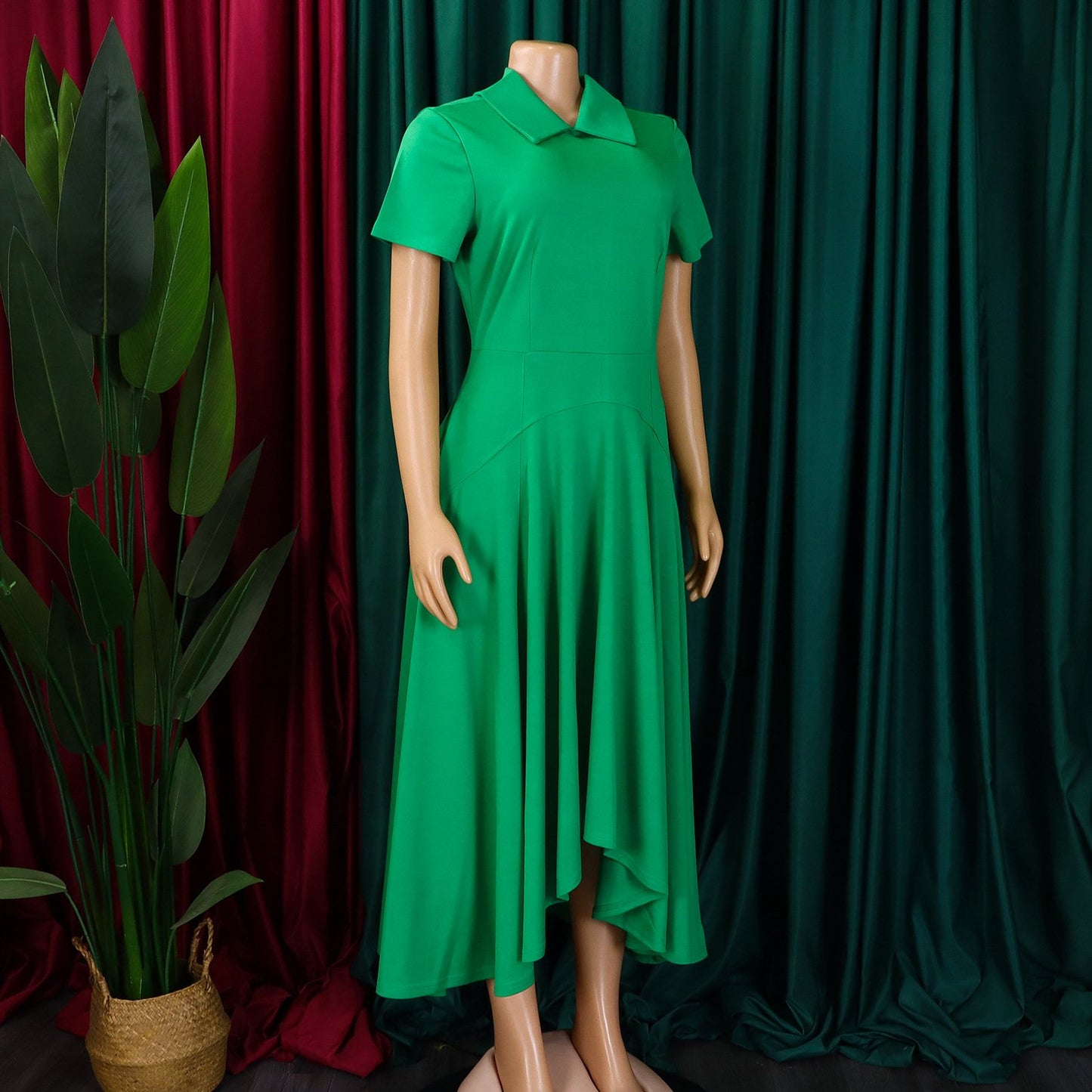D514 Fashion Summer Party Dress Women Polo Collar Short Sleeve High Waist A- Line Dress Elegant African Women's Dress