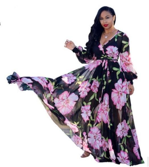 Fashion Women Maxi Printed Dress Long Plus Size 3XL 4XL 5XL High Quality Summer Beach Wear Chiffon Women Party Dress