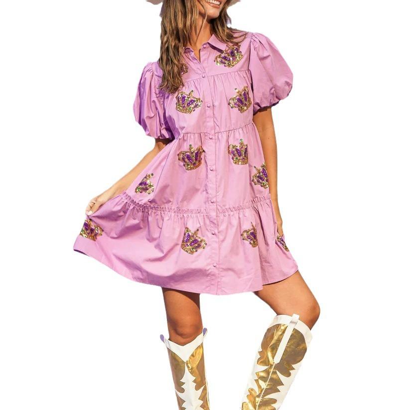 2024 New Summer Women's Sequin Dress, Puff Sleeves And Layered Carnival Design Girl's Crown Dress