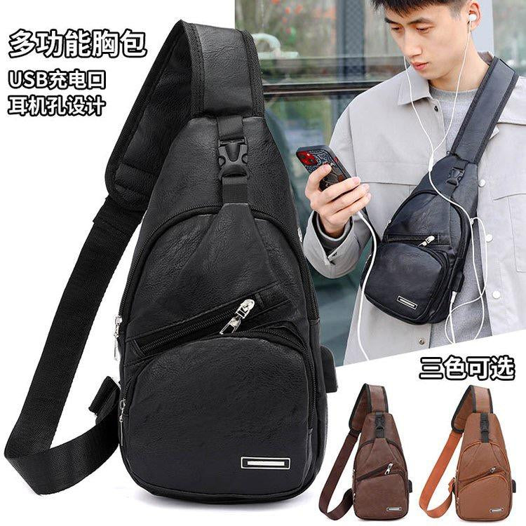 2024 New Men's Leather Chest Bag With Multi-functional USB Fashion Leisure Sports Shoulder Bag Factory Direct -30*15
