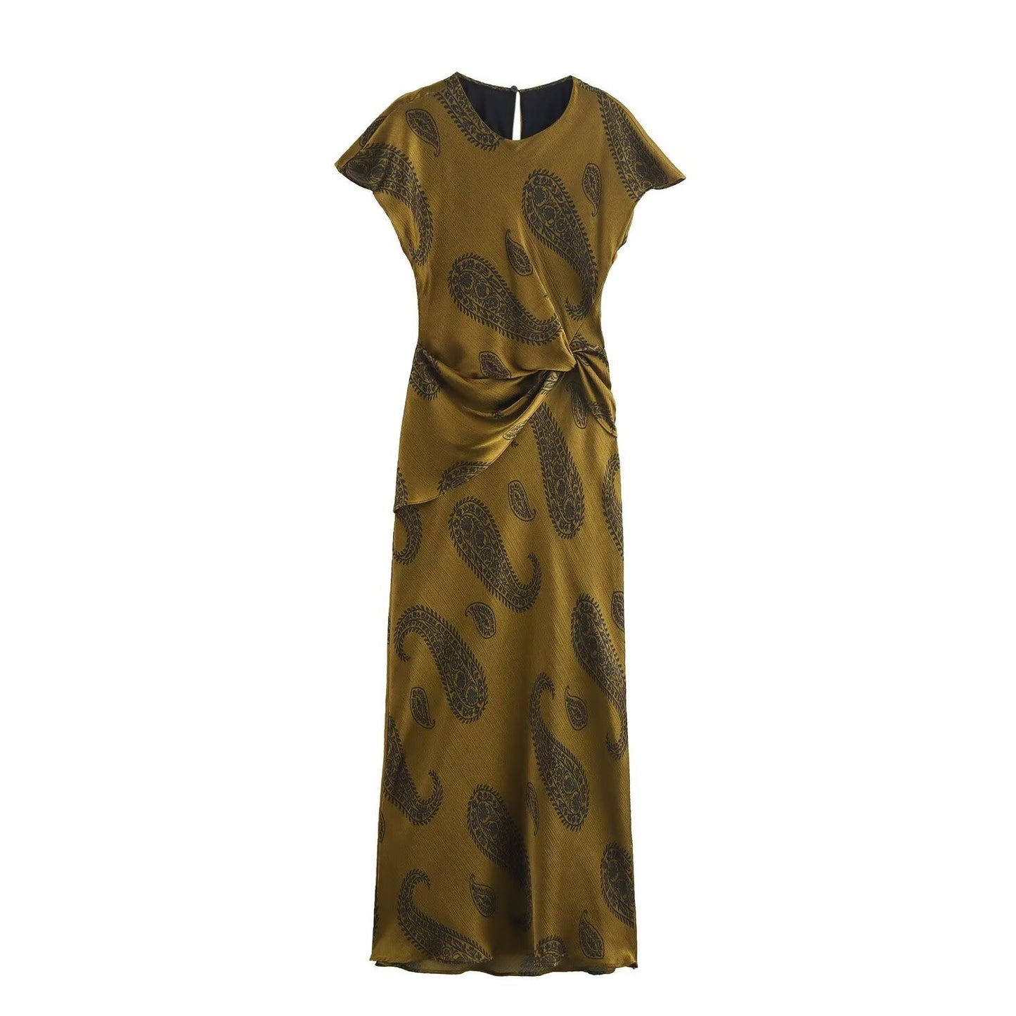 TAOP & ZA Women's 2024 Autumn New Round Neck Short Sleeve Knotted Print Satin Texture Midi Dress 8968191
