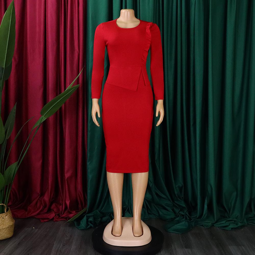 New Spring Dress Women's Elegant Slim-Fit Long-Sleeved Pleated African Women's Women's Women's Office Women's Clothing