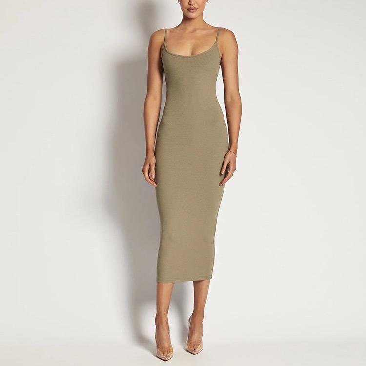 Knitwear Clothing Manufacturer Open Back Decorative Knitted MIDI Dress Rib Sweater Summer Knitted Dress Women