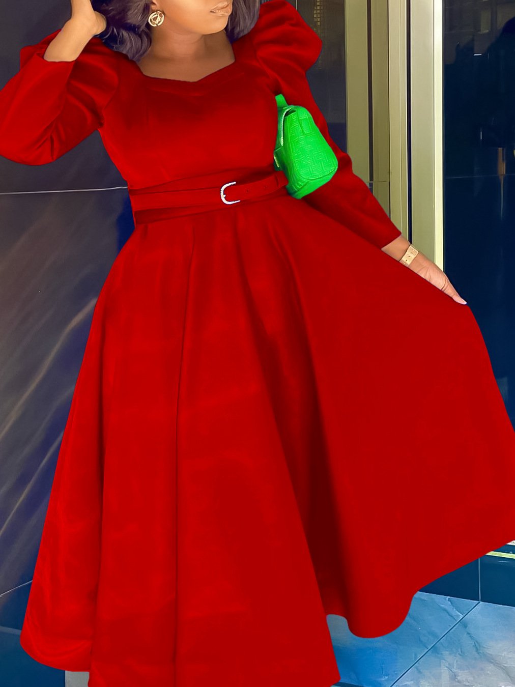 2024 Wholesale African Women's Elegant Long Puff Sleeve Square Collar Solid Color Maxi Plus Size Dress