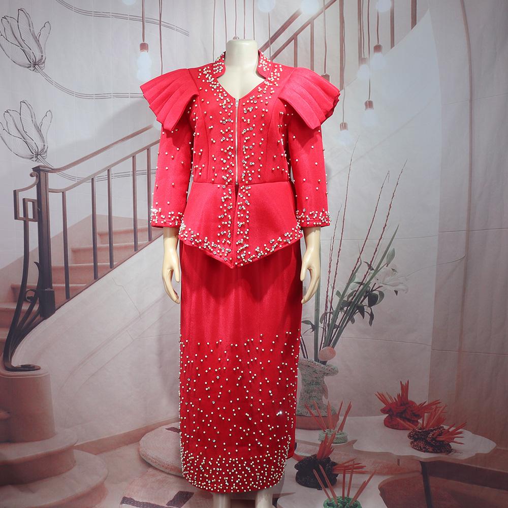 Luxury African Clothing Mesh Long Sleeve Dress Suit African Beaded Dress Elegant Turkish African Women's Clothing