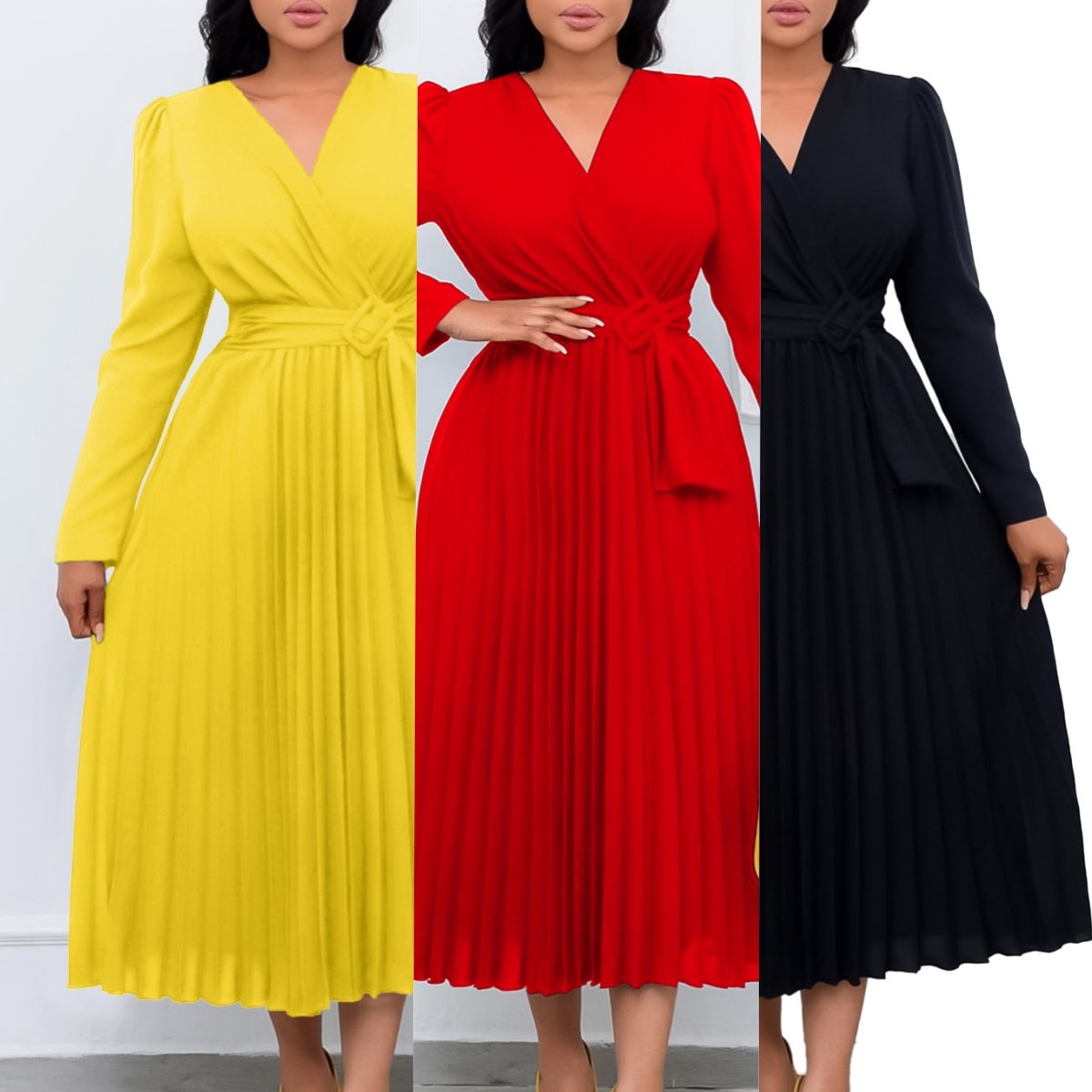 D419 Latest Design Ladies Office Dress Ladies Elegant Solid Color Long Sleeve Lace-up V-Neck Slim Pleated Skirt