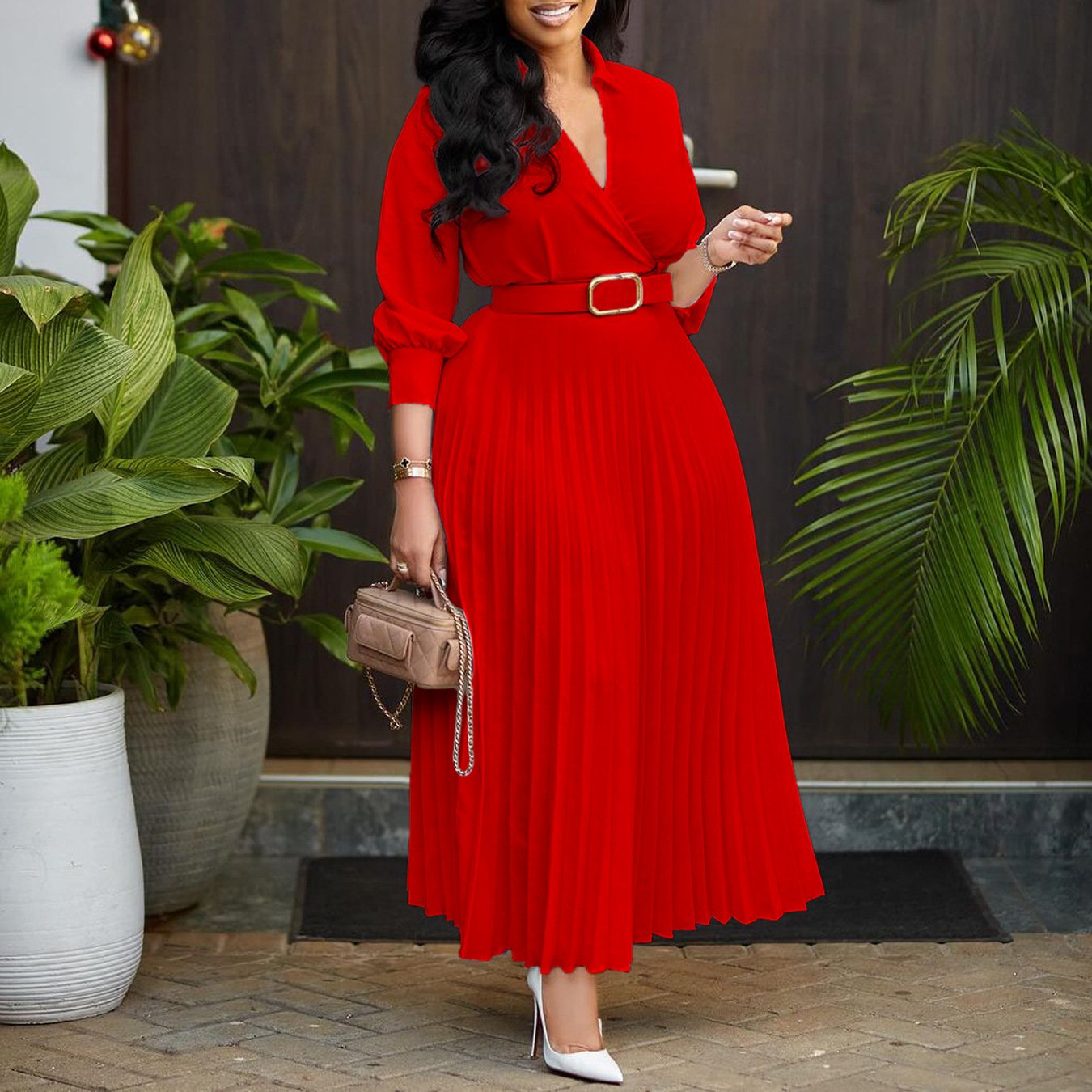 2024 Hot Spring New Women's Fashion V-neck Solid Color Plus Size Dress