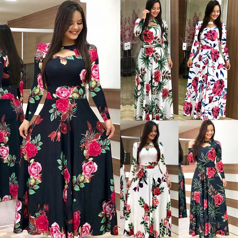 8230424 Latest Long Dress Plus Size Women's Printed Maxi Dress Long Sleeve Clothing
