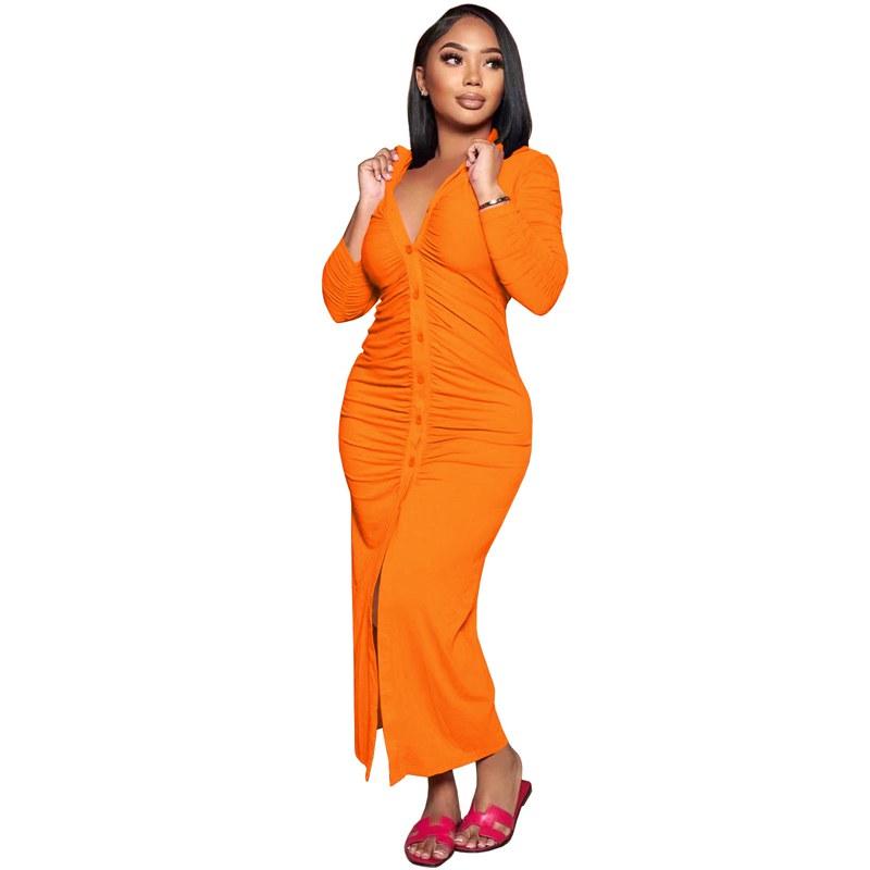 Y212040 Elegant Casual Women's Clothing Autumn And Winter Casual Pleated Solid Long Dress Button Long Sleeve Sexy Dress