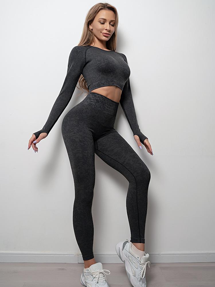 2pcs Seamless Women Yoga Suit Workout Sportswear Aerobics Fitness High Waist Leggings Long Sleeve Crop Top Sports Suit