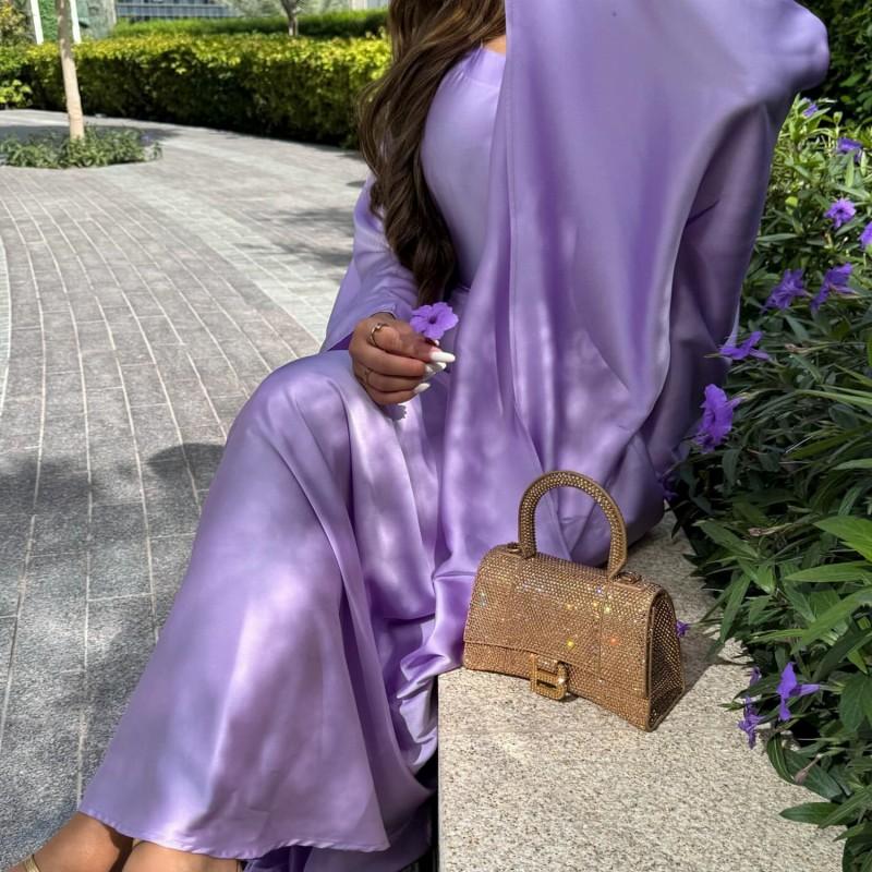 2024 Silk Satin Poncho Long Sleeve Loose Muslim Gown Luxury Kaftan Fashion Elegant Women Abaya Maxi Women's Dress