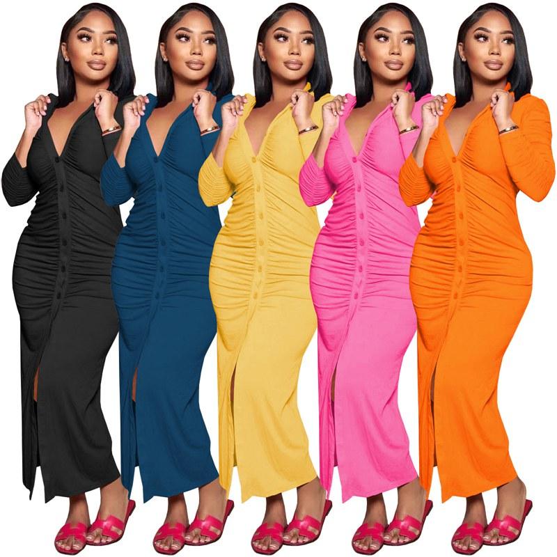 Y212040 Elegant Casual Women's Clothing Autumn And Winter Casual Pleated Solid Long Dress Button Long Sleeve Sexy Dress