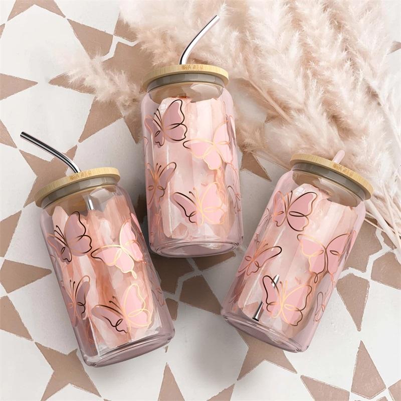 UV Printing 16 Oz 20 Oz 25 Oz Soda Beer Can Shaped Glass Juice Milk Drinking Glass With Bamboo Lid And Straw For Christmas