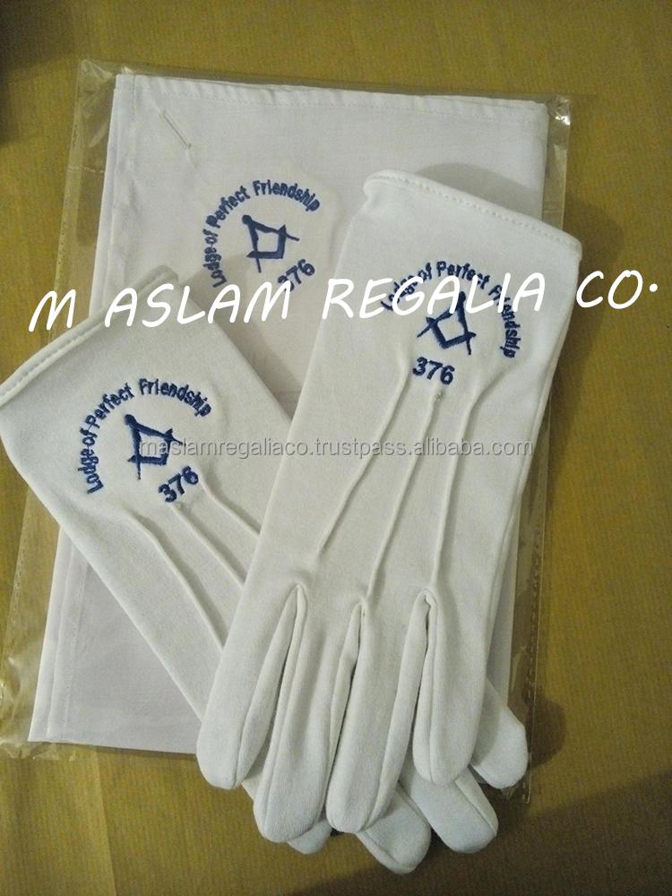 Royal Blue Square & Compasses Machine Embroidered Masonic White Cotton Gloves