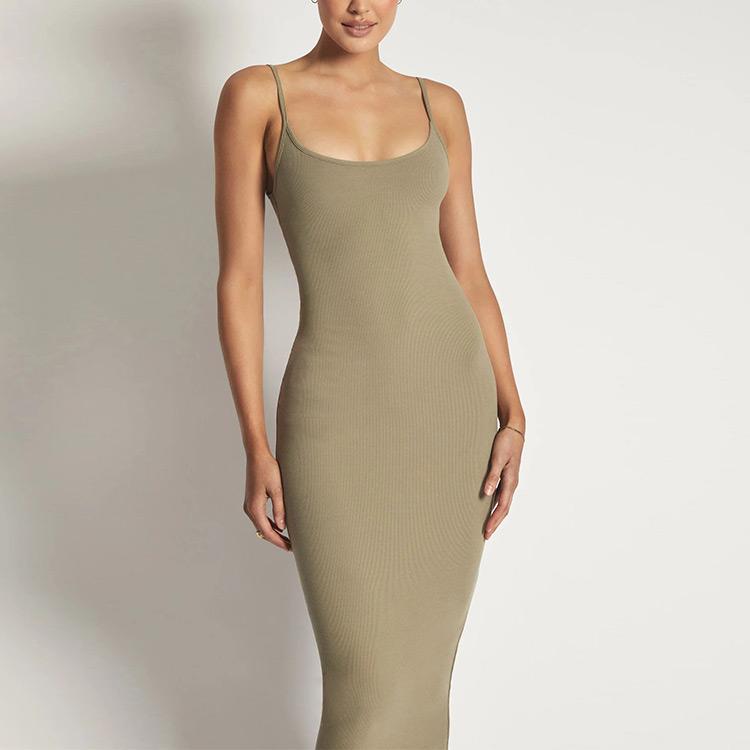 Knitwear Clothing Manufacturer Open Back Decorative Knitted MIDI Dress Rib Sweater Summer Knitted Dress Women