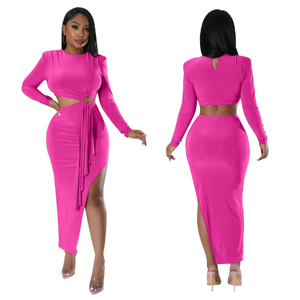 2024 Wholesale Autumn Women's New Slim Evening Dress Long Sleeve O Collar Side Exposed Waist Dress Women Elegant Casual Dress