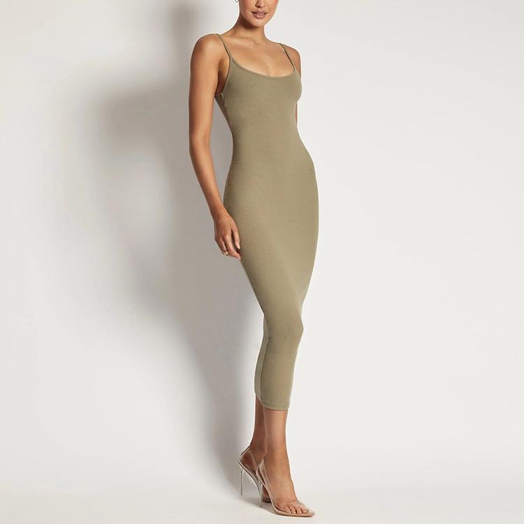 Knitwear Clothing Manufacturer Open Back Decorative Knitted MIDI Dress Rib Sweater Summer Knitted Dress Women