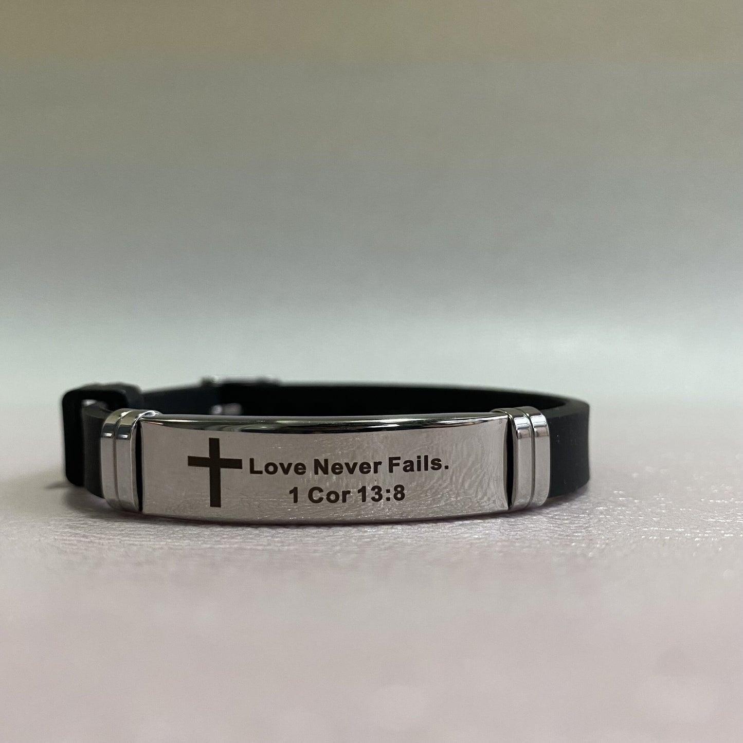 English French Version Bible Verse Adjustable Rubber Bracelet Custom Christian Stainless Steel Bracelet