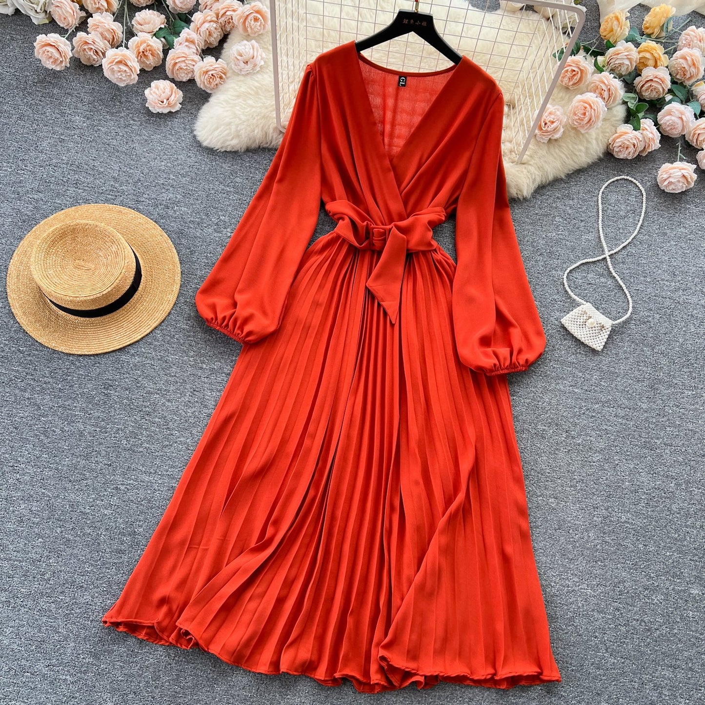 Summer Roman V-neck Tunic Waist Dress Women's Long Lantern Sleeve Empire Lace Dress Red Yellow Purple Black