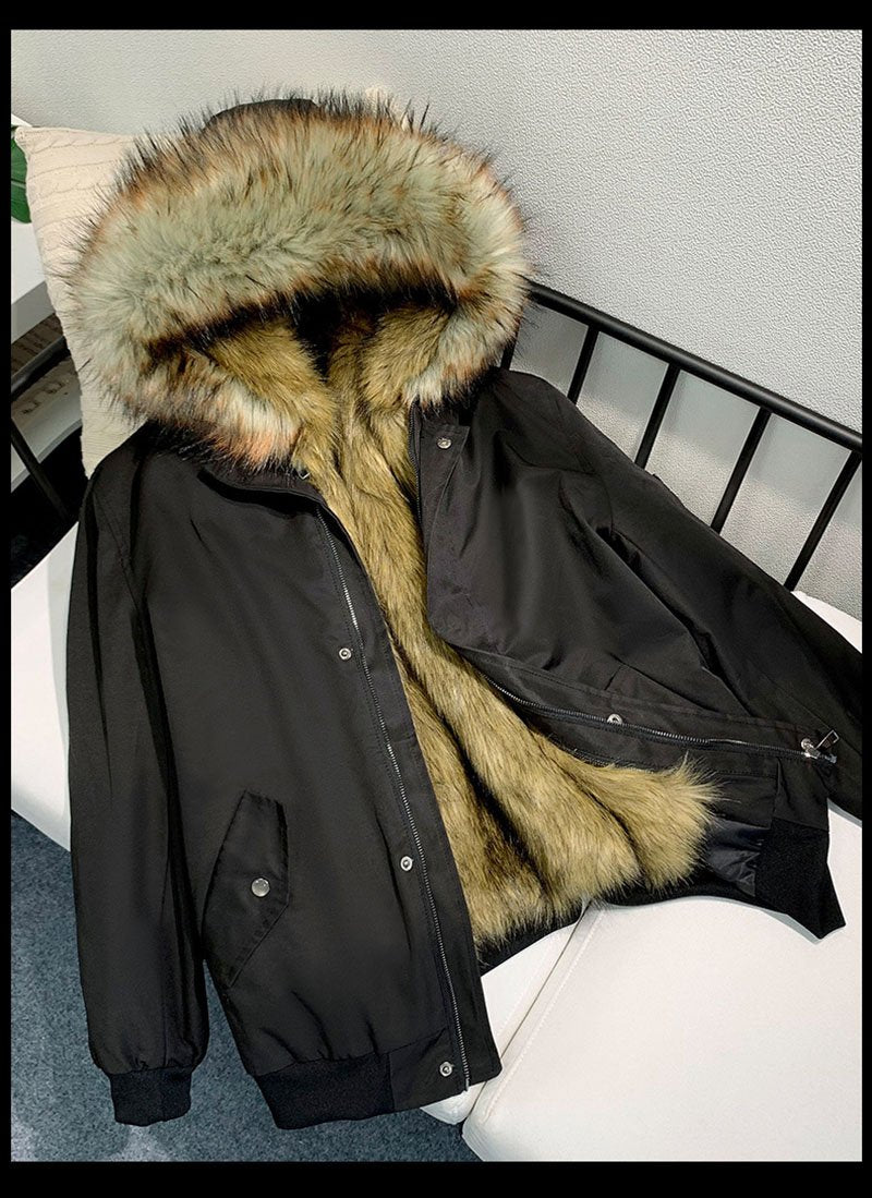 Yajanuo New Design Men's Coat Jacket Faux Fox Fur Liner Detachable Plush Hooded Custom Winter Coat Men's Solid Color Jacket