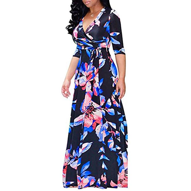 2024 Plus Size Women's Long-sleeved Women's Fat V-neck Printed Lace-up Waist Women's Maxi Skirt Women's Casual Wear