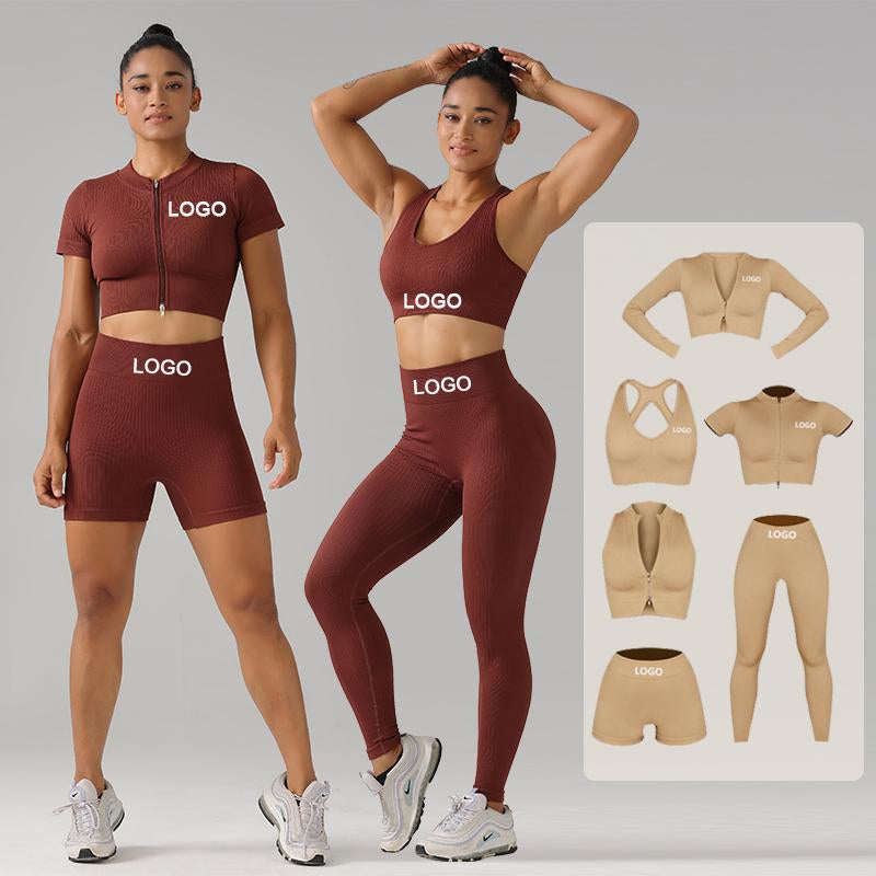 High Quality Rib Zipper 6-piece Set Active Wear Fitness Seamless Yoga Suit Sports Bra Leggings Women's Fitness Suit