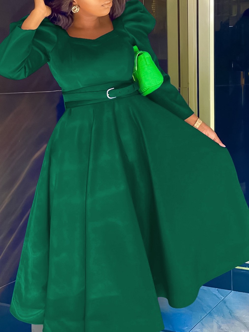 2024 Wholesale African Women's Elegant Long Puff Sleeve Square Collar Solid Color Maxi Plus Size Dress