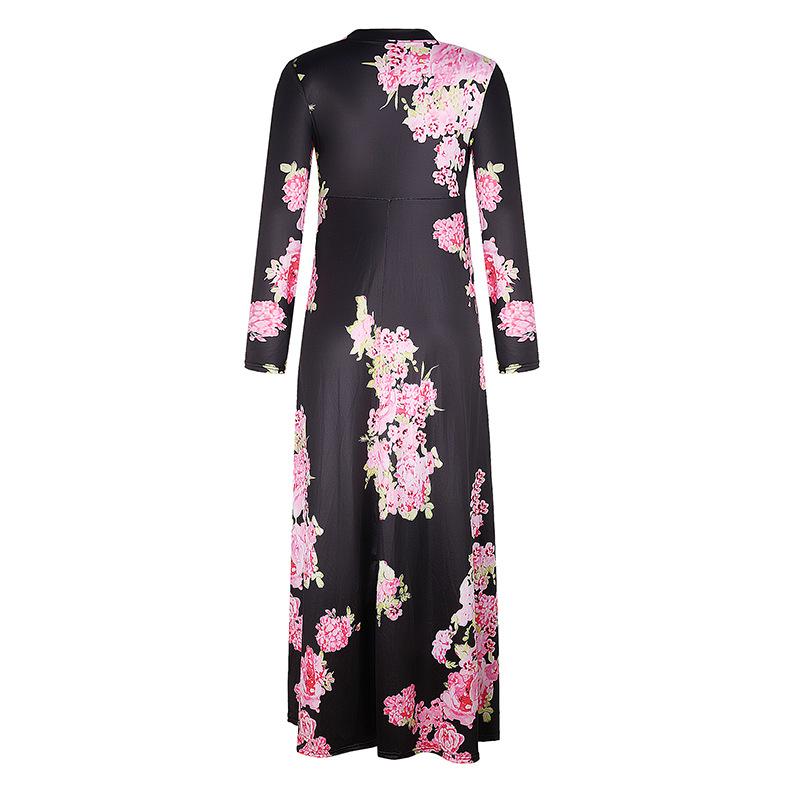 2024 Plus Size Women's Long-sleeved Women's Fat V-neck Printed Lace-up Waist Women's Maxi Skirt Women's Casual Wear