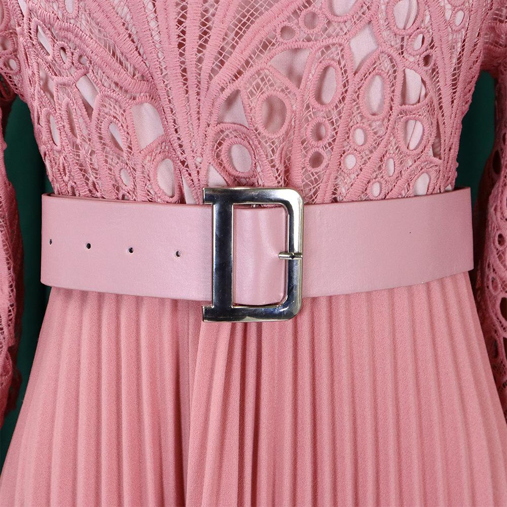 Women Crochet Lace Party Pleated Fashion Women Maxi Casual Dress Plus Size Long Sleeve Church Women Elegant Dress