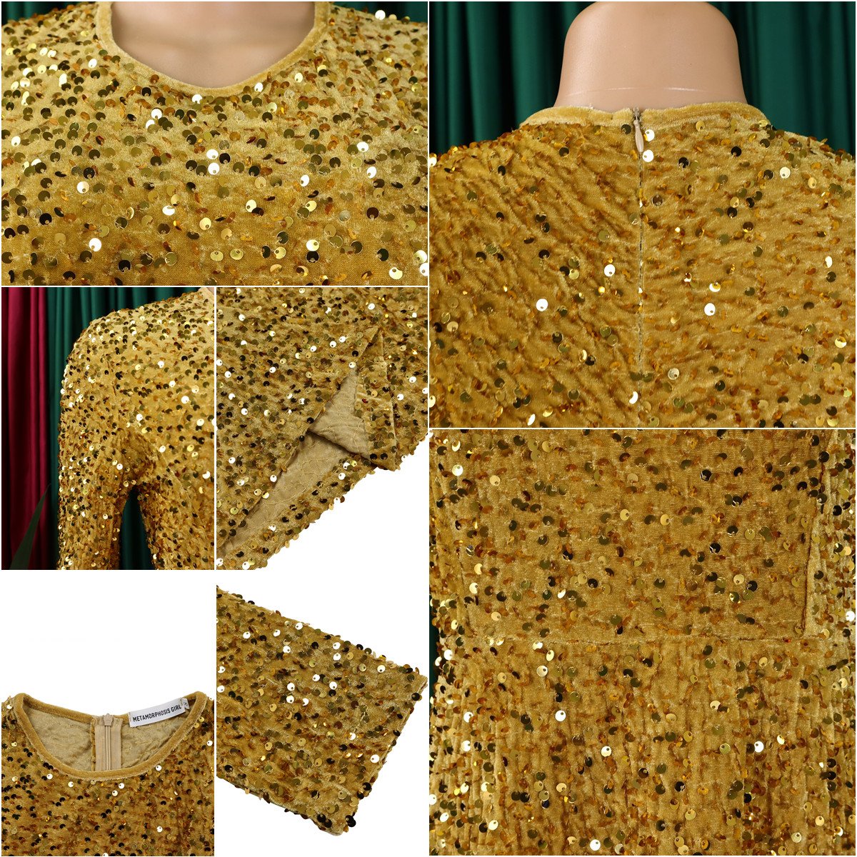 D469 Fashion Party Dress Women O Collar Long Sleeve High Waist A Line Sequin Dress Women Luxury Evening Dress