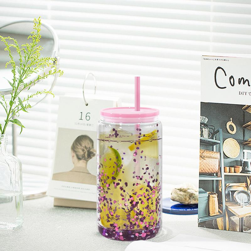 Snowball Coffee Cup With Lid Wine Glass Double Wall Pre-drilled Wine Glass With Colored Lid And Straw 16 Oz Plastic Jar