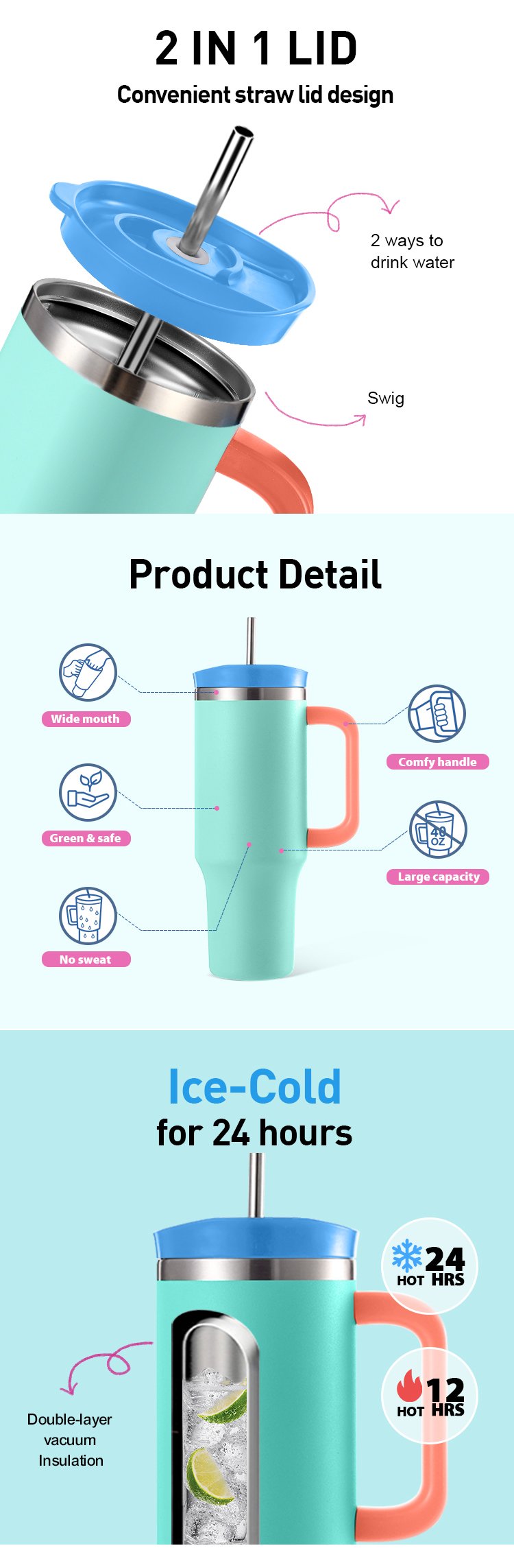Portable Outdoor Custom Stainless Steel 40 Oz With Handle Straw Double Wall Coffee Mug Travel Insulated Beer Mug