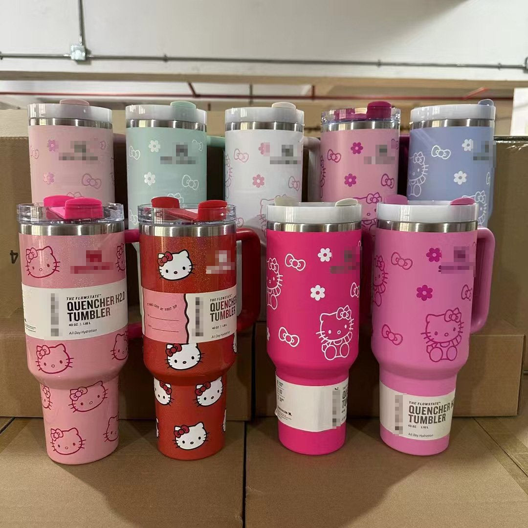 40 Oz KT Cat Print Tumbler Cartoon Water Cup Straw 304 Stainless Steel Double Wall Vacuum Insulated Logo Coffee Travel