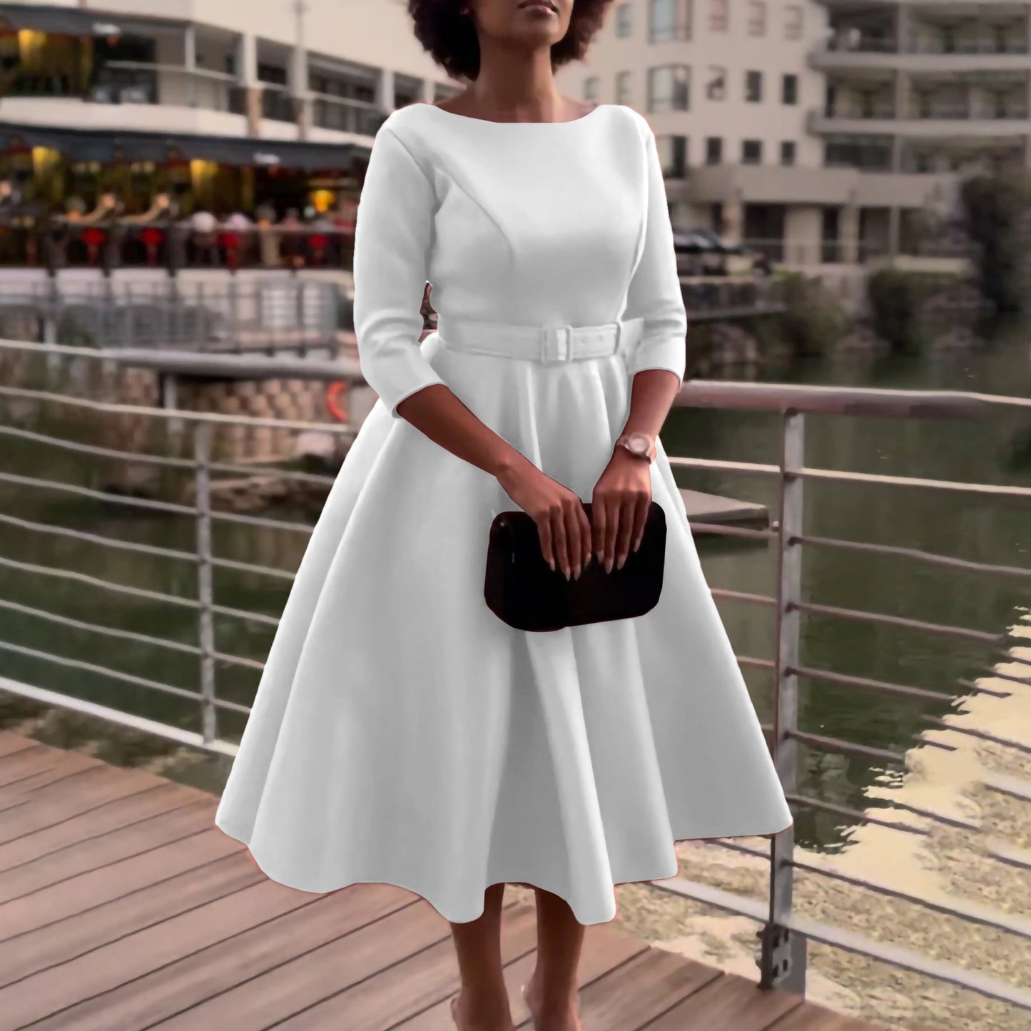 Zhe Zhe Fashion Plus Size Women's Elegant Casual Luxury Round Neck Mid-Sleeve Dress