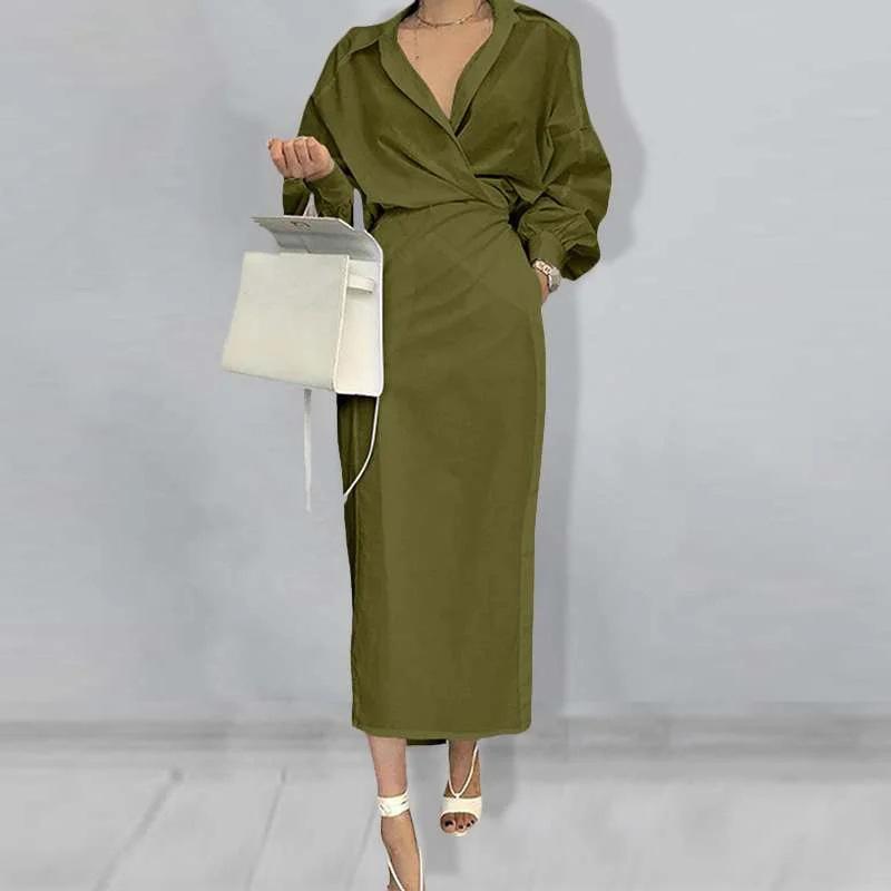 HY 2023 Spring Women's New Solid Color Elegant Long Sleeve Casual Commuting Dress