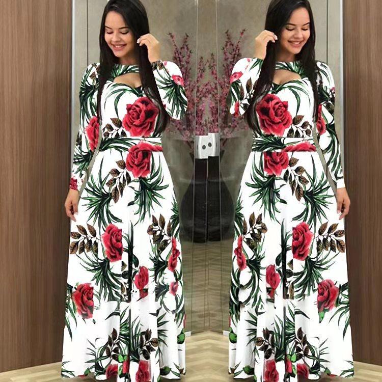8230424 Latest Long Dress Plus Size Women's Printed Maxi Dress Long Sleeve Clothing