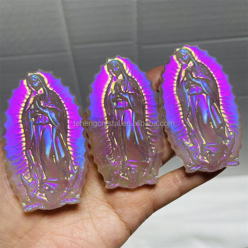 Wholesale Halo Pink Crystal Carved Virgin Mary Plated Rose Quartz Carved Santa Maria Gift