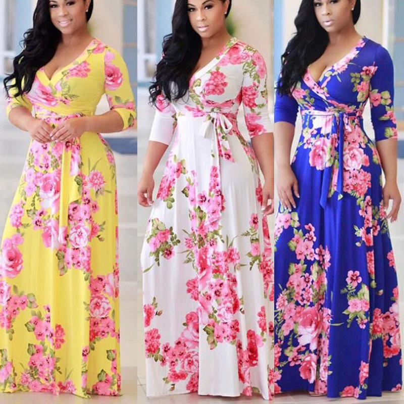 2024 Plus Size Women's Long-sleeved Women's Fat V-neck Printed Lace-up Waist Women's Maxi Skirt Women's Casual Wear