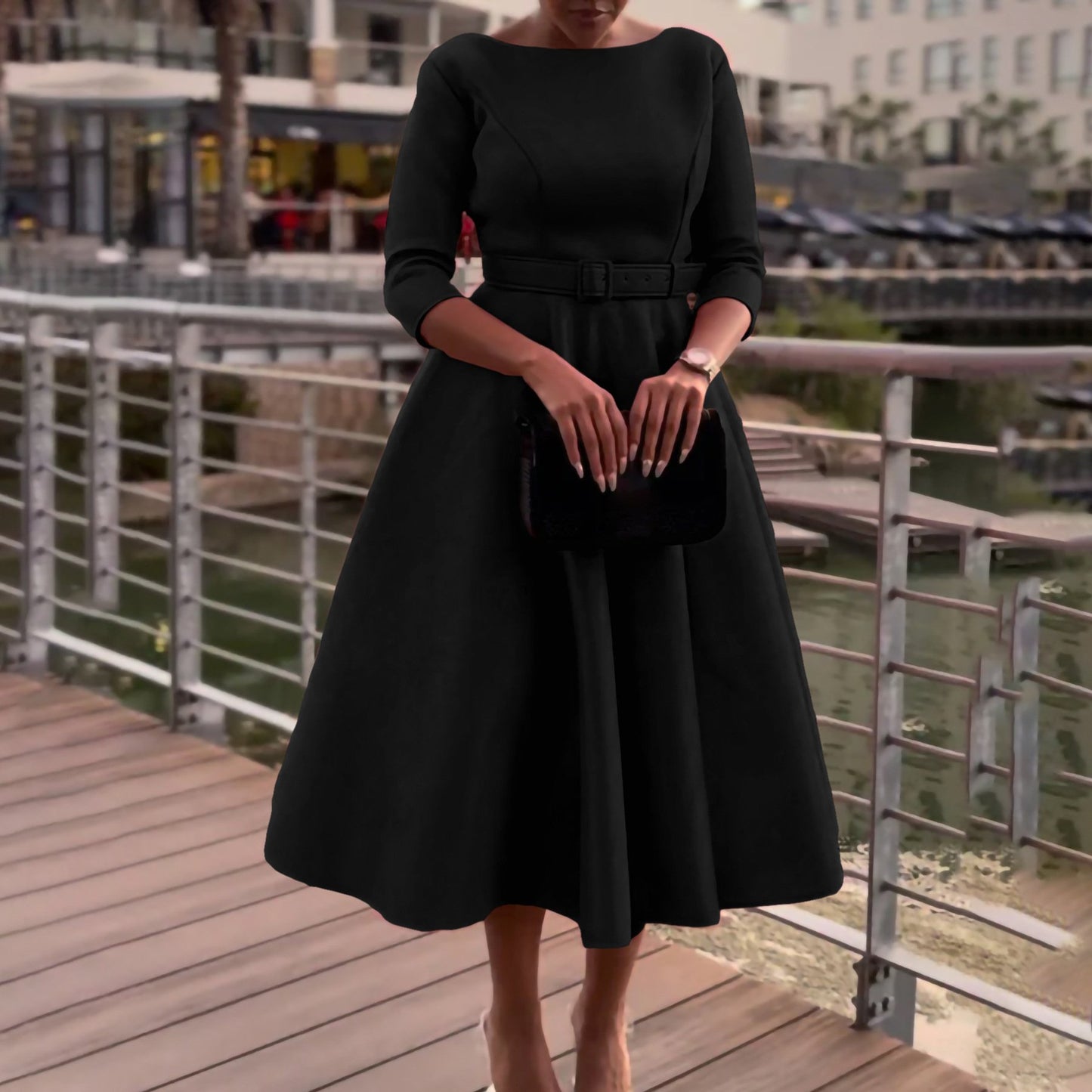Zhe Zhe Fashion Plus Size Women's Elegant Casual Luxury Round Neck Mid-Sleeve Dress