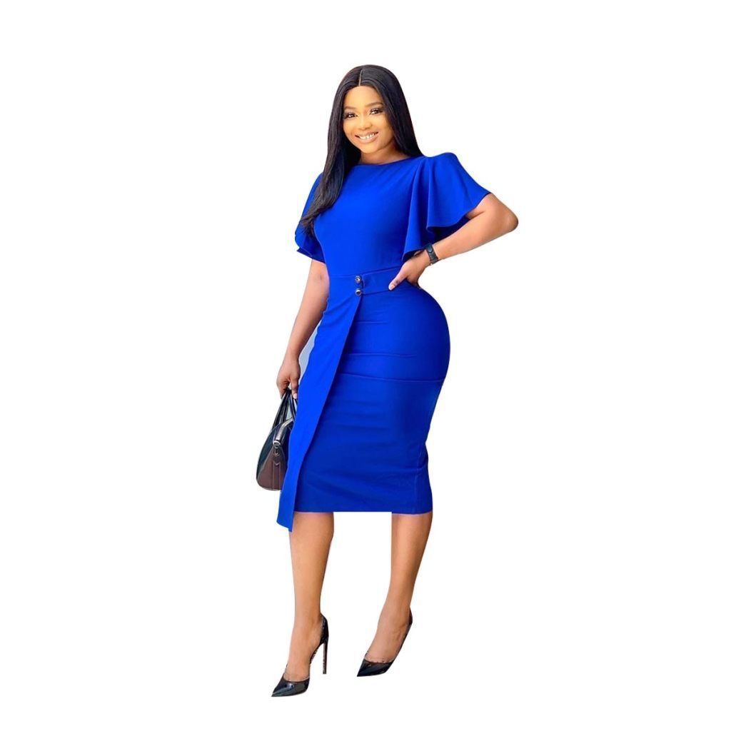 Solid Color O Neck Horn Sleeve Evening Dress Plus Size Women's Dress