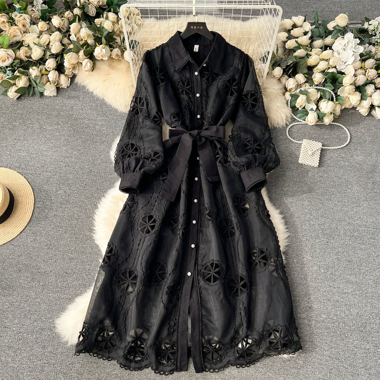 Wholesale 2024 Spring New Embroidered Hollow Flower Single-breasted Slim-fit Medium Bubble Sleeve Women's Clothing