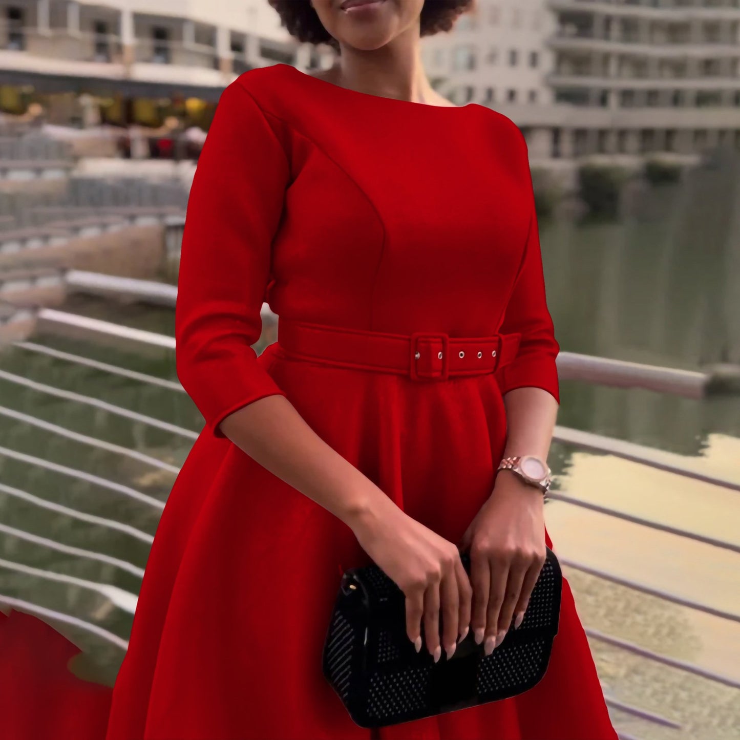 Zhe Zhe Fashion Plus Size Women's Elegant Casual Luxury Round Neck Mid-Sleeve Dress
