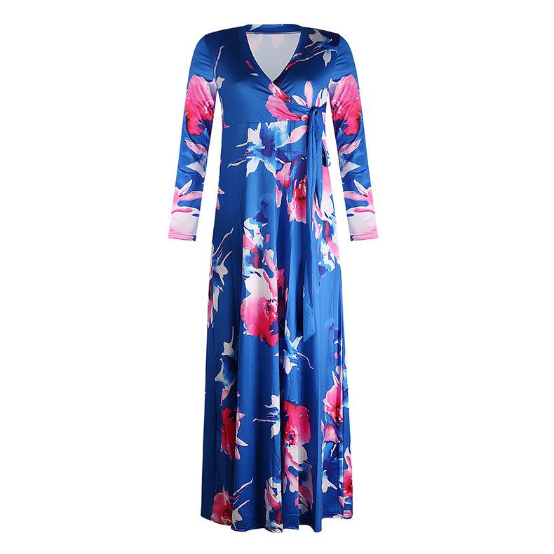 2024 Plus Size Women's Long-sleeved Women's Fat V-neck Printed Lace-up Waist Women's Maxi Skirt Women's Casual Wear