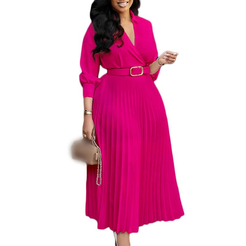 C8587 Fashion Casual Dress Women's Elegant Solid Color Long Sleeve V-neck Pleated Skirt Women's Office Dress Dress With Belt
