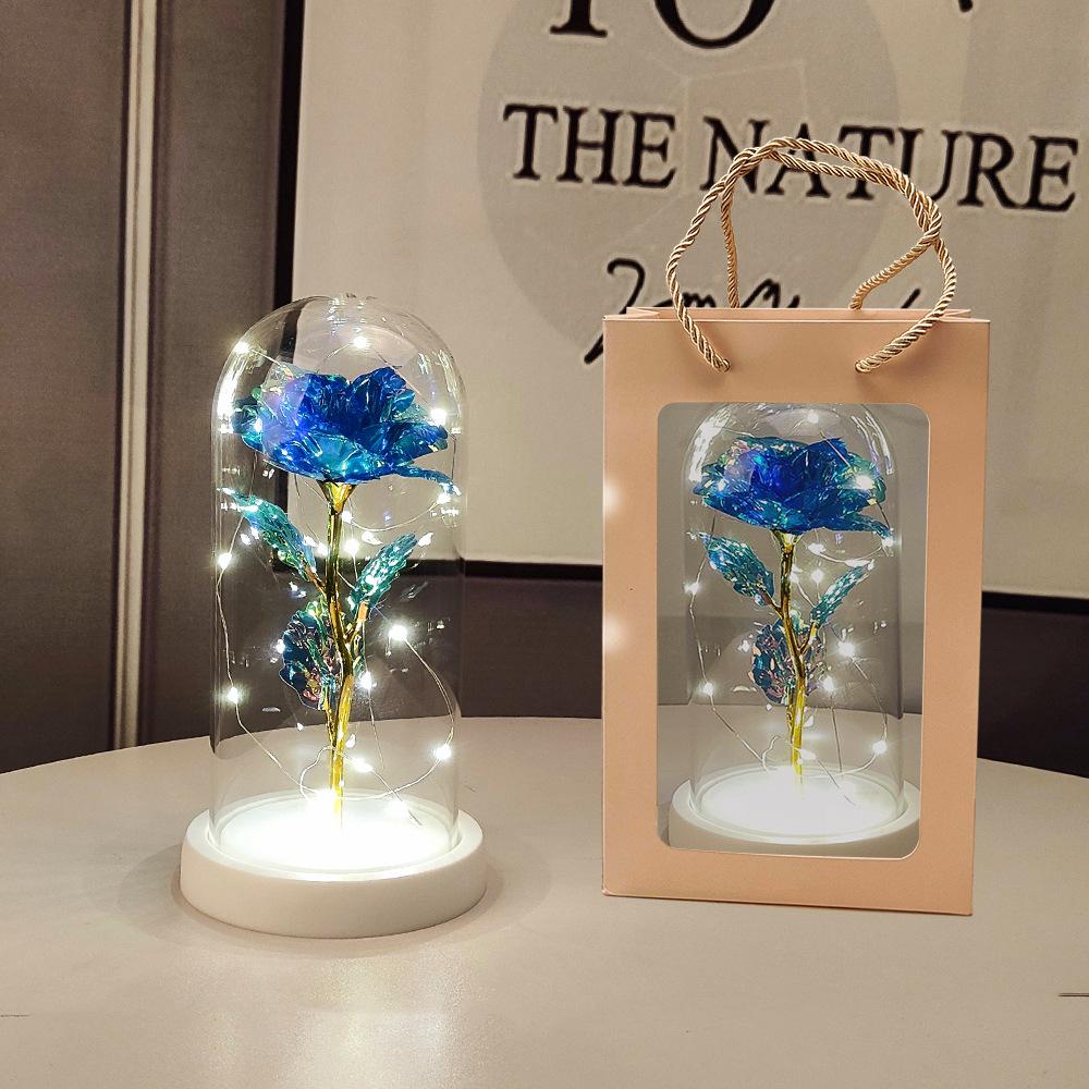Glass Dome LED Light Mother's Day And Christmas Gift Plastic Preserved Flowers Plant Women Eternal Galaxy Rose Forever Rose
