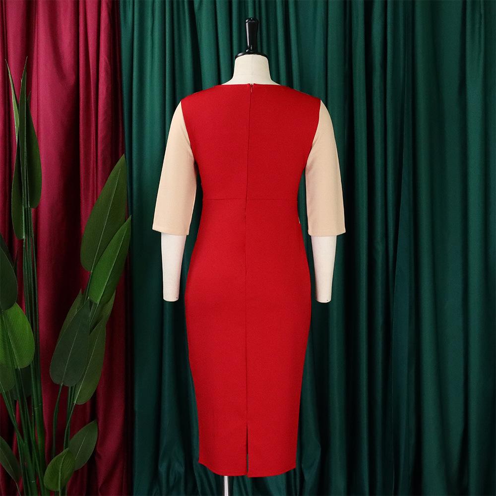 C230240 African Contrast Color Dress Plus Size Half Sleeve Pencil Formal Midi Dress Office Women