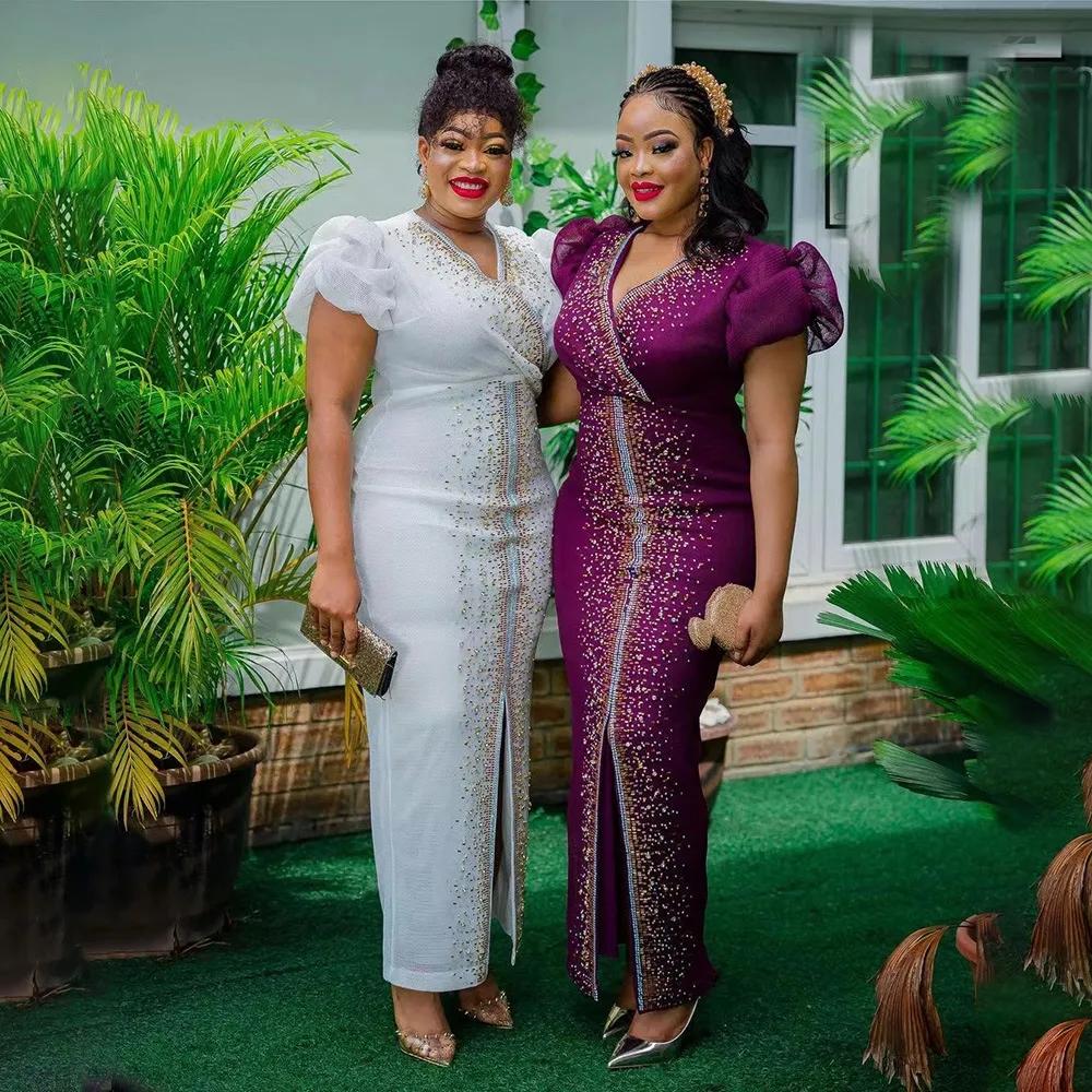 Fashion African Sequins Women Elegant Women Evening Dress 2022 Short Sleeve V-Neck Diamond Maxi Dress