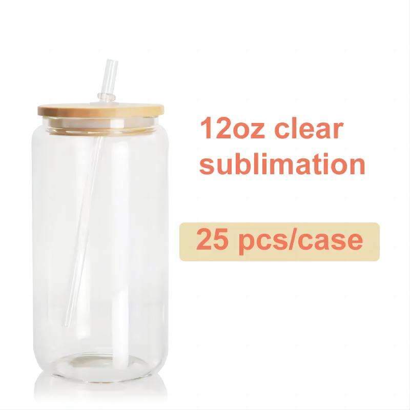 US Warehouse Stock 12 Oz 16 Oz Clear Frosted Sublimation Blank Glass Mason Can Beer Can Glass With Bamboo Lid And Straw